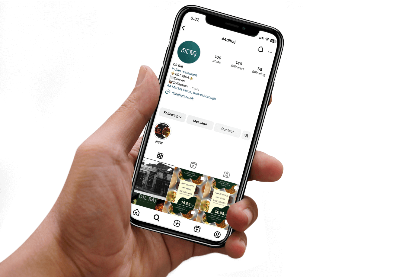 Left hand holding an Iphone displaying the Dil Raj Instagram page