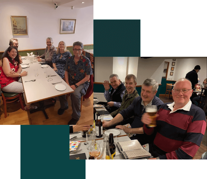Two images of a group of customers enjoying an Indian with Dil Raj in Knaresborough.