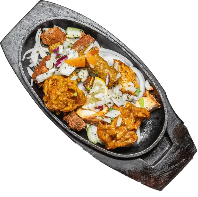 A birds eye view image of the Dil Raj sizziling tandoori mix starter for 2 served by the longest serving Indian restaurant and takeaway.